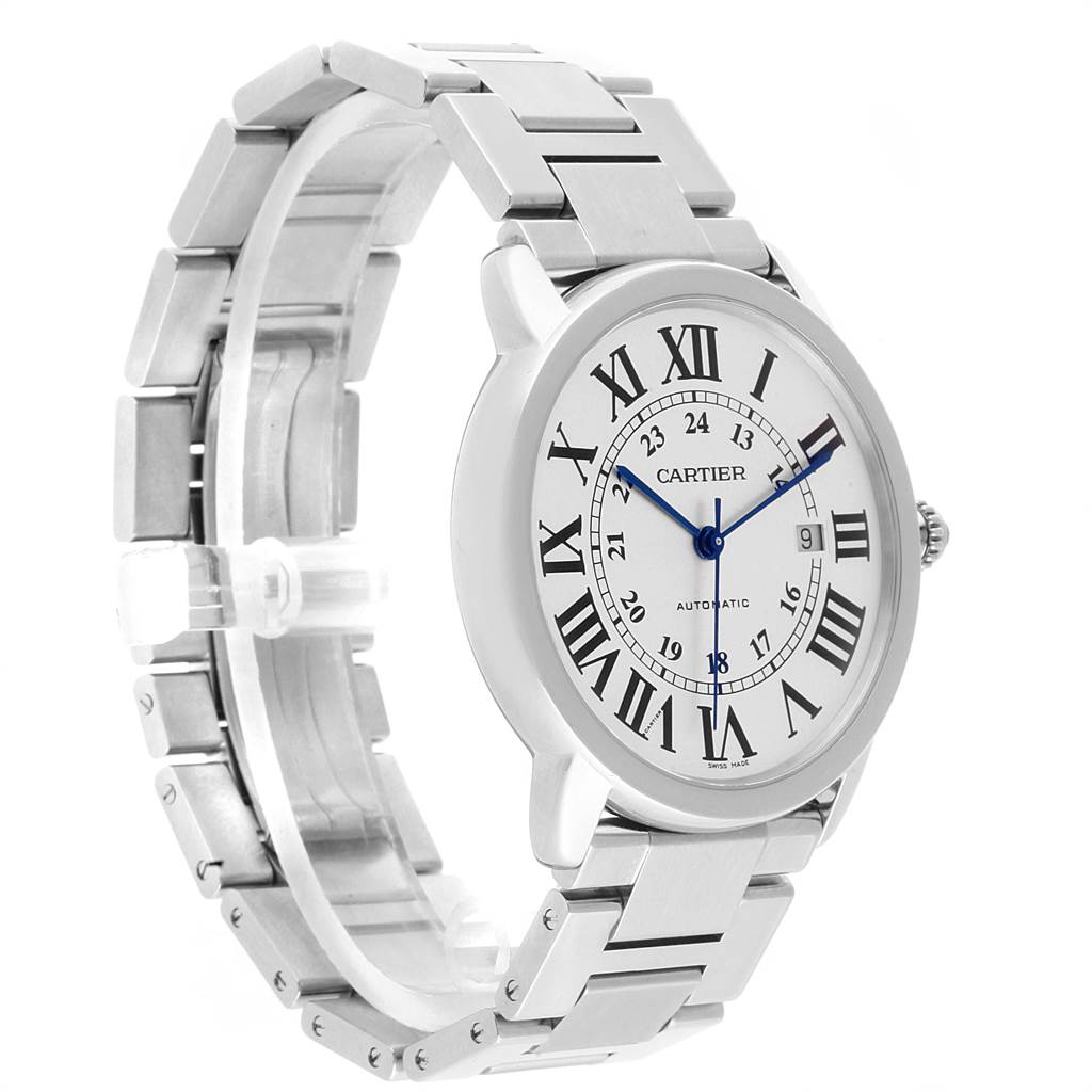 The image shows a Cartier Ronde W6701011 Men's Stainless Steel Silver Dial W6701011 Men's Stainless Steel Silver Dial model watch at a three-quarter angle, displaying the face, bracelet, and crown.