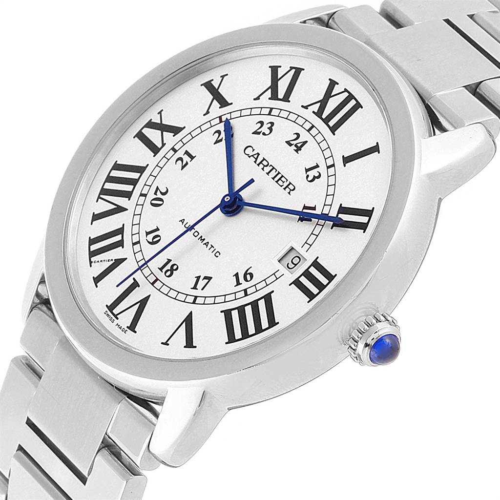 The Cartier Ronde W6701011 Men's Stainless Steel Silver Dial W6701011 Men's Stainless Steel Silver Dial watch is shown from a slight side angle, highlighting its dial, crown, and part of the bracelet.