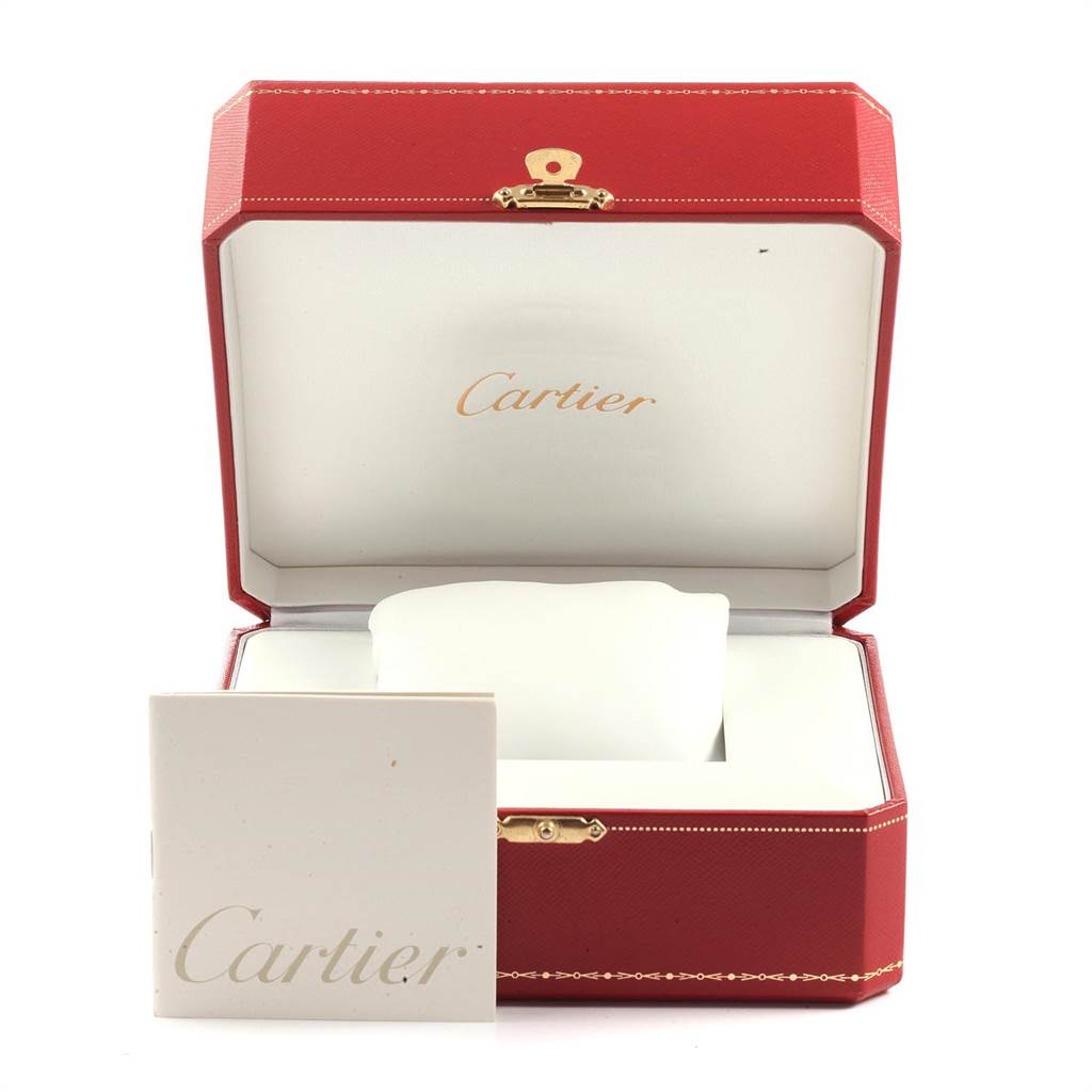 This image shows an open red Cartier watch box and a Cartier booklet, but does not show the Ronde model watch itself.