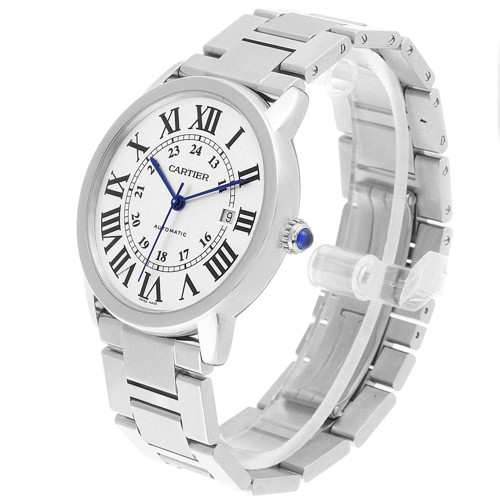 The image shows a Cartier Ronde W6701011 Men's Stainless Steel Silver Dial W6701011 Men's Stainless Steel Silver Dial model watch with a metal bracelet viewed from a three-quarter angle.