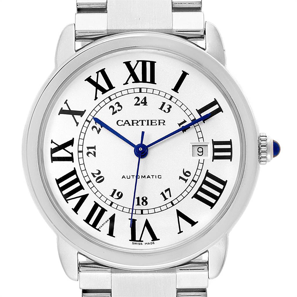 The image shows a front view of the Cartier Ronde W6701011 Men's Stainless Steel Silver Dial W6701011 Men's Stainless Steel Silver Dial watch, displaying its face, Roman numerals, blue hands, date window, and part of its metal bracelet.