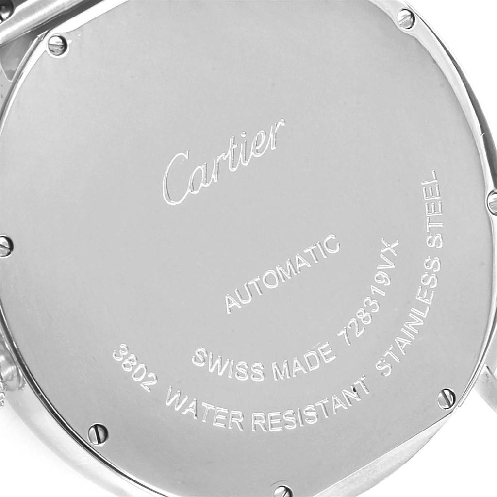 The image shows the back case of a Cartier Ronde W6701011 Men's Stainless Steel Silver Dial W6701011 Men's Stainless Steel Silver Dial watch, highlighting inscriptions about its specifications.