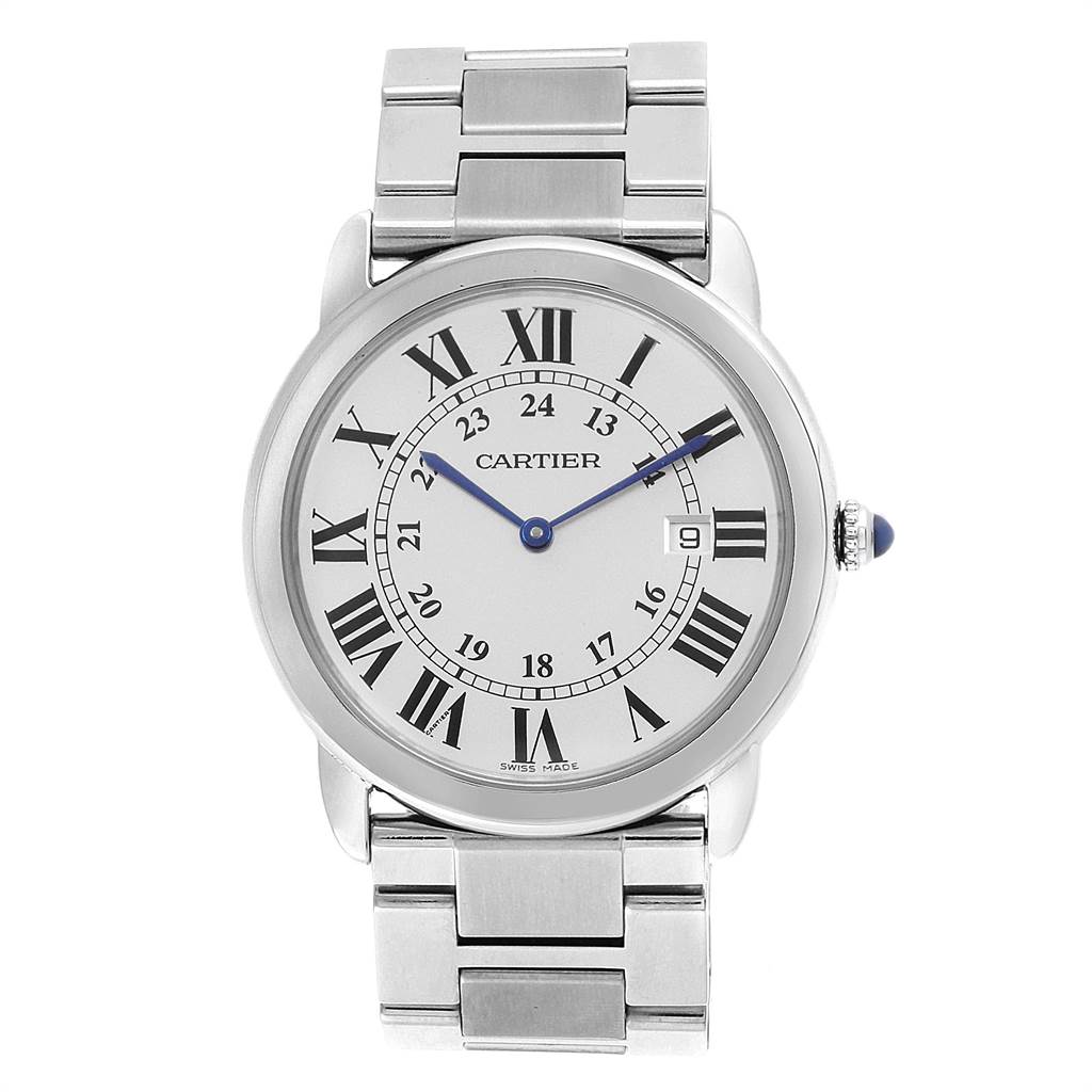 This image shows a front view of the Cartier Ronde W6701005 Men's Stainless Steel Silver Dial W6701005 Men's Stainless Steel Silver Dial watch displaying its face, Roman numerals, hands, date window, and stainless steel band.