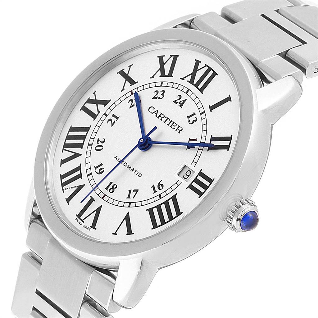 This image shows a close-up angle of the Ronde model by Cartier, focusing on the watch face, bezel, and part of the bracelet.