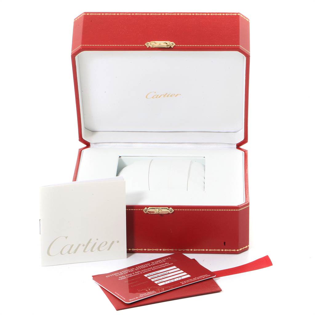 The image shows a Cartier Ronde W6701011 Men's Stainless Steel Silver Dial W6701011 Men's Stainless Steel Silver Dial model watch box, warranty cards, and booklet from a front angle.