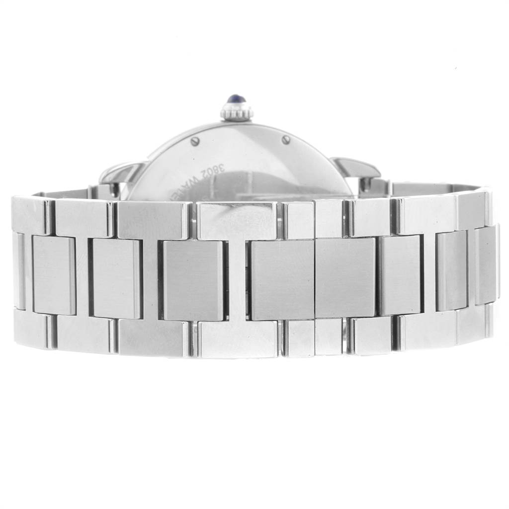 This image shows the back view of the Ronde model by Cartier, focusing on the stainless-steel bracelet and case back.