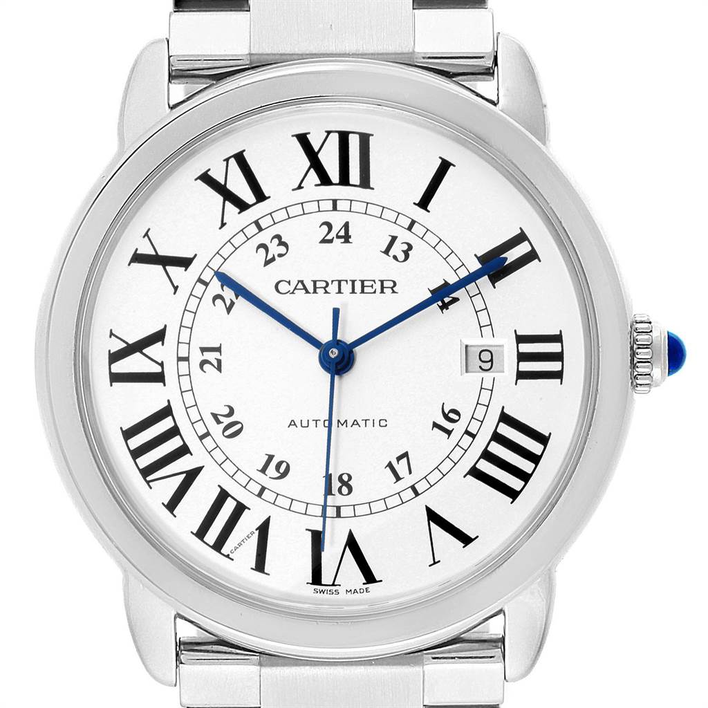 This image shows a front view of the Cartier Ronde W6701011 Men's Stainless Steel Silver Dial W6701011 Men's Stainless Steel Silver Dial watch, displaying the face, hands, bezel, and part of the bracelet.
