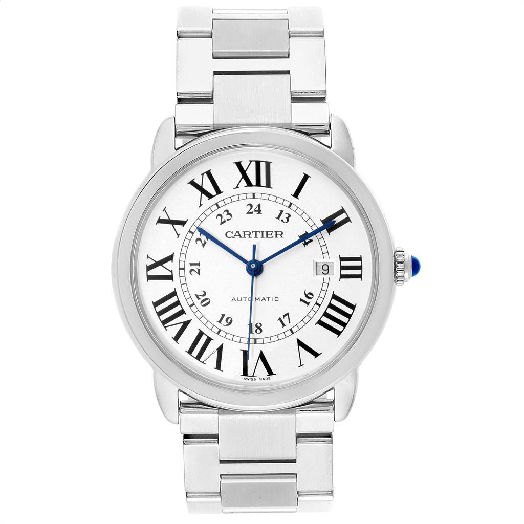 The image shows a front view of the Cartier Ronde W6701011 Men's Stainless Steel Silver Dial W6701011 Men's Stainless Steel Silver Dial watch, highlighting its dial, hands, numerals, and bracelet.