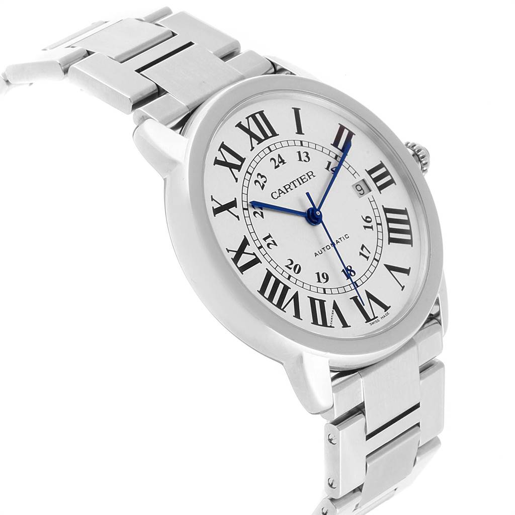 The image shows a Cartier Ronde W6701011 Men's Stainless Steel Silver Dial W6701011 Men's Stainless Steel Silver Dial watch at an angle, highlighting the Roman numeral dial, blue hands, and metal bracelet.
