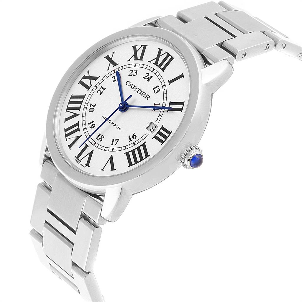 The Cartier Ronde W6701011 Men's Stainless Steel Silver Dial W6701011 Men's Stainless Steel Silver Dial watch is shown at an angle highlighting the face, crown, and metal bracelet.