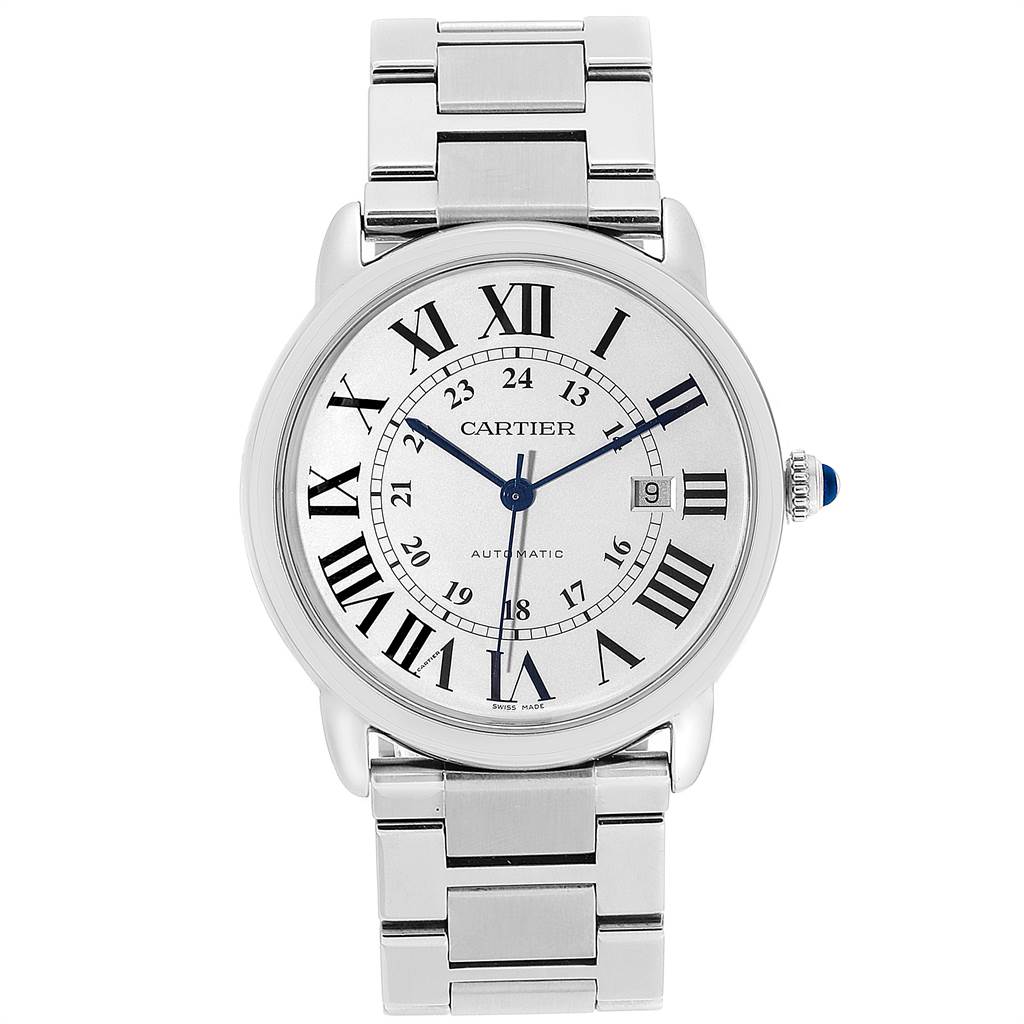 This image shows a front view of the Cartier Ronde W6701011 Men's Stainless Steel Silver Dial W6701011 Men's Stainless Steel Silver Dial watch, displaying its face, hands, and bracelet.