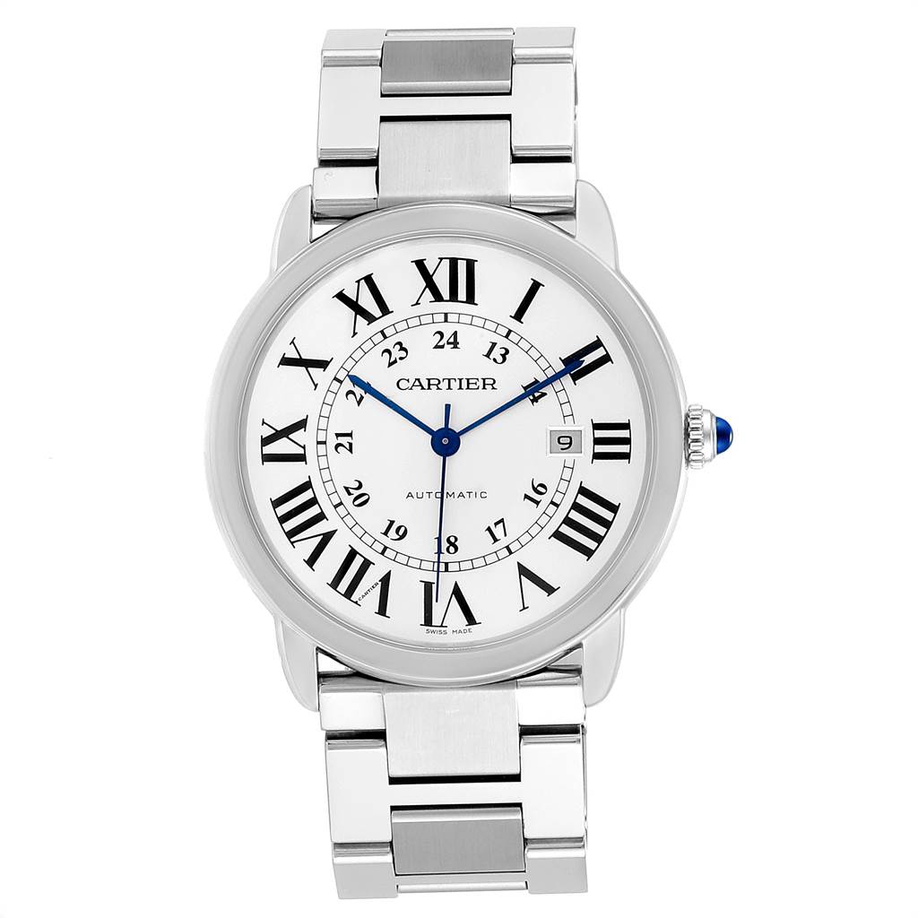 The image shows a frontal view of a Cartier Ronde W6701011 Men's Stainless Steel Silver Dial W6701011 Men's Stainless Steel Silver Dial model watch, highlighting its dial, Roman numerals, and metal bracelet.