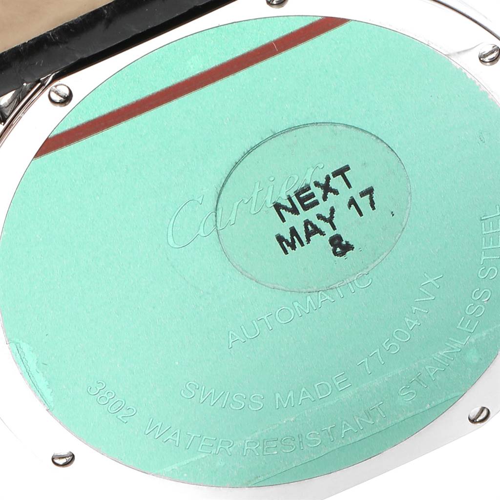 The image shows the case back of a Cartier Ronde W6701010 Men's Stainless Steel Silver Dial W6701010 Men's Stainless Steel Silver Dial watch with protective film and engraved details.