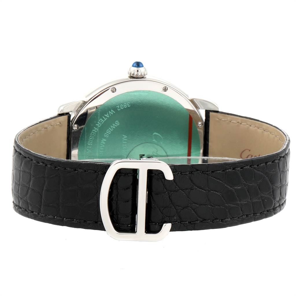 This image shows the back view of the Cartier Ronde W6701010 Men's Stainless Steel Silver Dial W6701010 Men's Stainless Steel Silver Dial model watch, highlighting the leather strap and clasp.