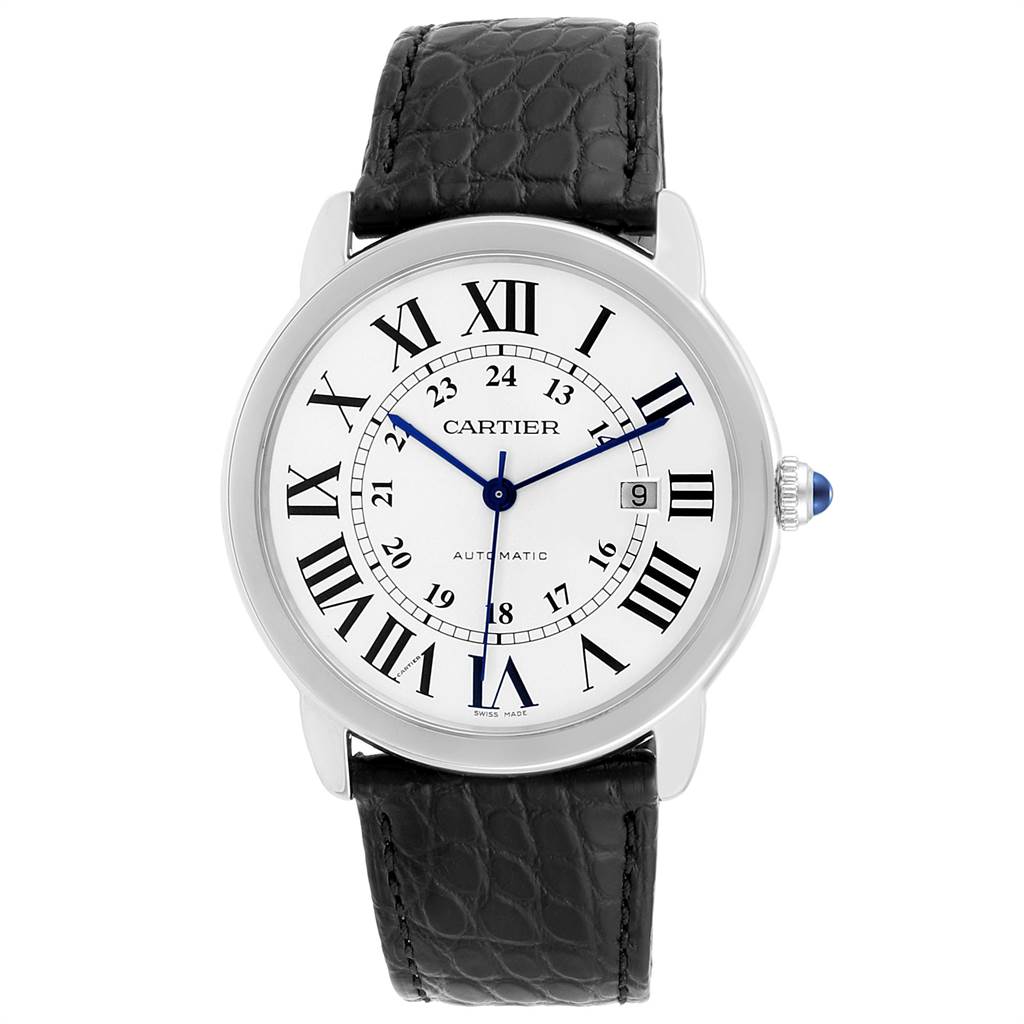 The image shows a front view of the Cartier Ronde W6701010 Men's Stainless Steel Silver Dial W6701010 Men's Stainless Steel Silver Dial model watch with a black leather strap and Roman numeral indices.