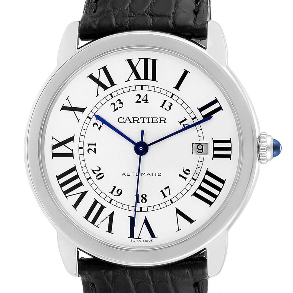The image shows a front view of the Ronde model watch by Cartier, highlighting the dial, Roman numerals, and black leather strap.