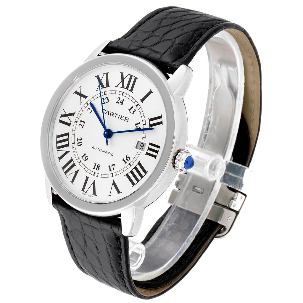 The image shows a Cartier Ronde W6701010 Men's Stainless Steel Silver Dial W6701010 Men's Stainless Steel Silver Dial watch at a three-quarter angle, displaying the face, bezel, crown, and black leather strap.