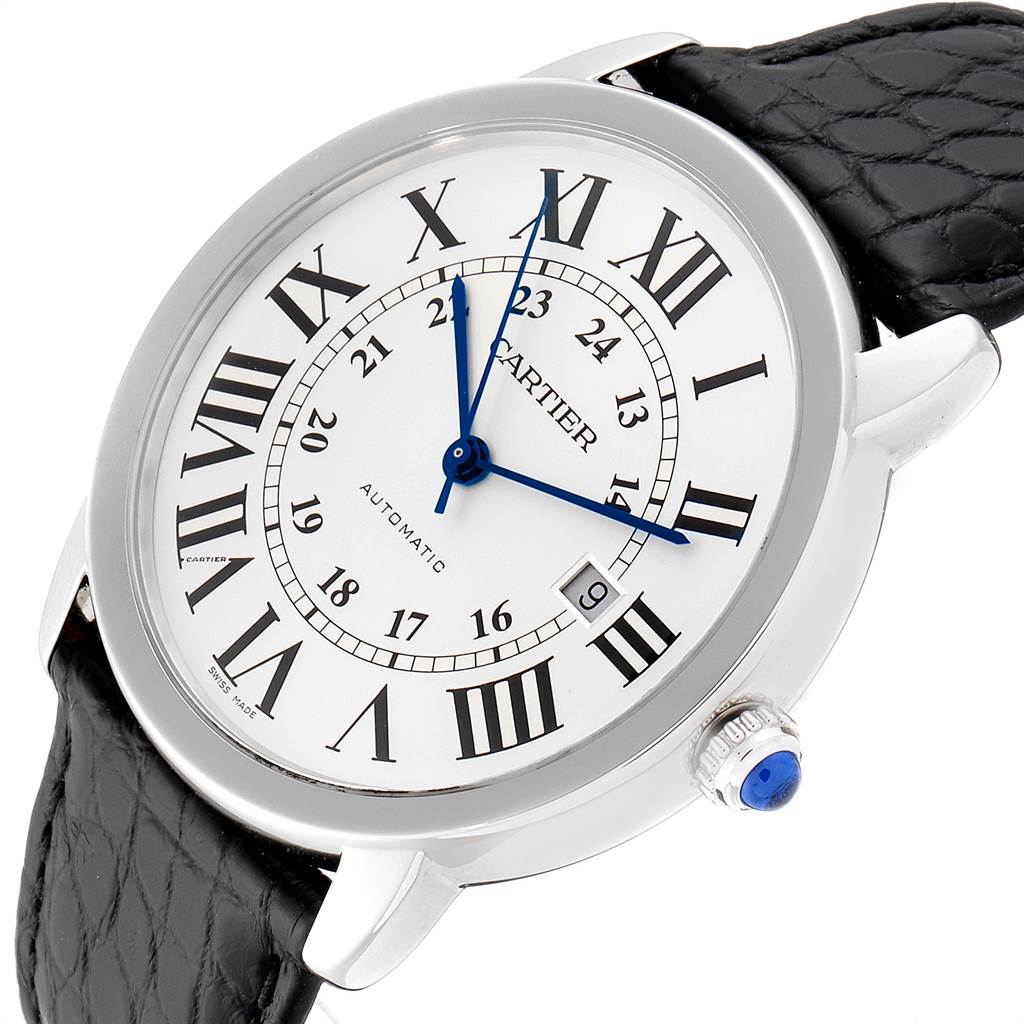 This image shows a close-up of the Cartier Ronde W6701010 Men's Stainless Steel Silver Dial W6701010 Men's Stainless Steel Silver Dial model watch, highlighting the face, numerals, hands, crown, and part of the strap.