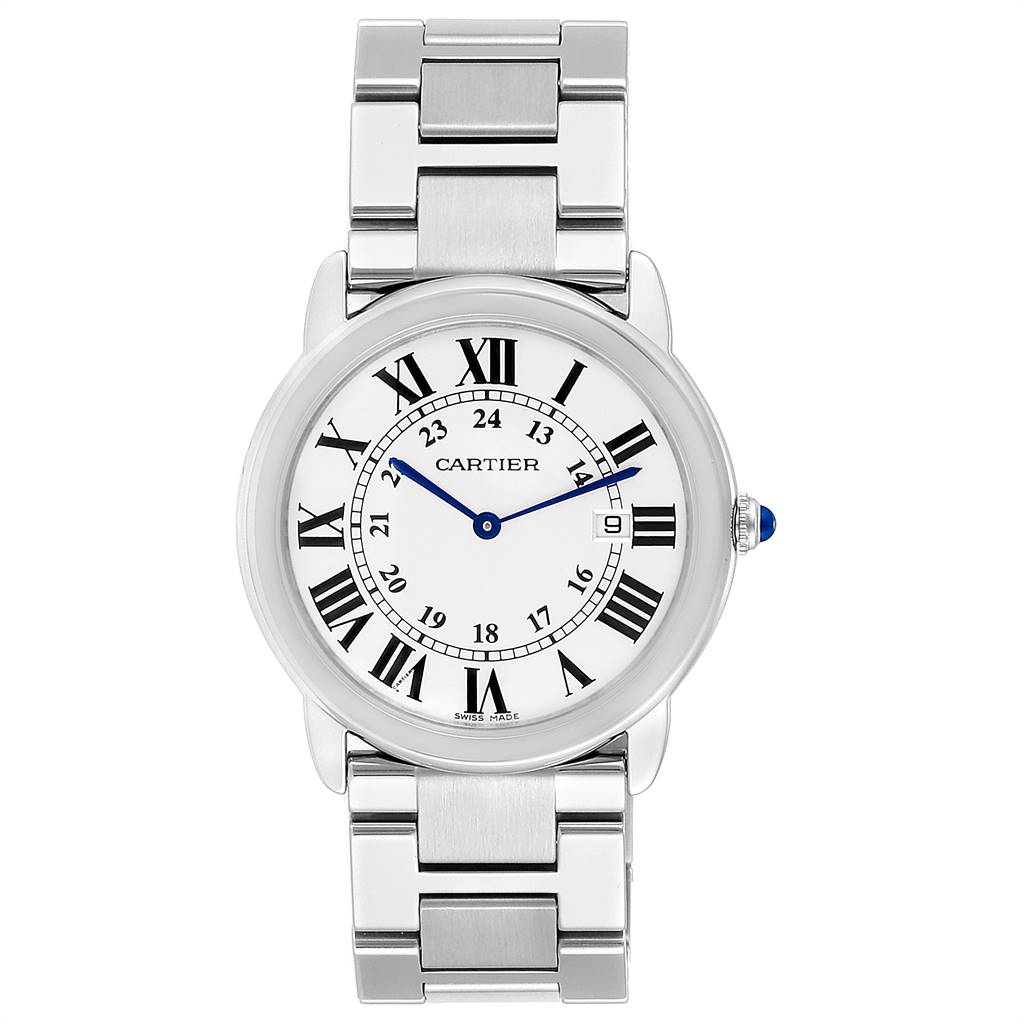 This image shows a front view of the Cartier Ronde W6701005 Men's Stainless Steel Silver Dial W6701005 Men's Stainless Steel Silver Dial model watch, displaying its dial, Roman numerals, and stainless steel bracelet.