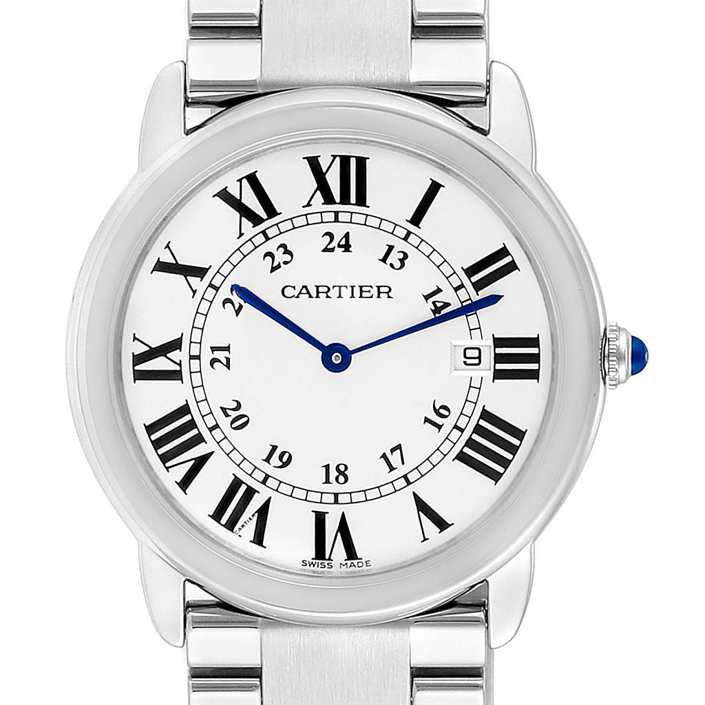 The image shows a front view of the Cartier Ronde W6701005 Men's Stainless Steel Silver Dial W6701005 Men's Stainless Steel Silver Dial watch, highlighting the face, hands, dial, and part of the metal bracelet.