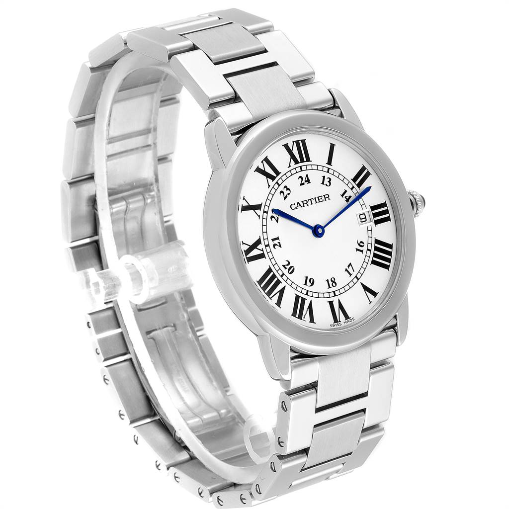 The image shows a side angle view of a Cartier Ronde W6701005 Men's Stainless Steel Silver Dial W6701005 Men's Stainless Steel Silver Dial watch, highlighting its stainless steel strap and Roman numeral dial.