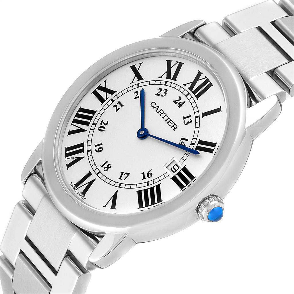 The image shows a Cartier Ronde W6701005 Men's Stainless Steel Silver Dial W6701005 Men's Stainless Steel Silver Dial watch at an angled view, highlighting the face, Roman numerals, hands, and part of the bracelet.