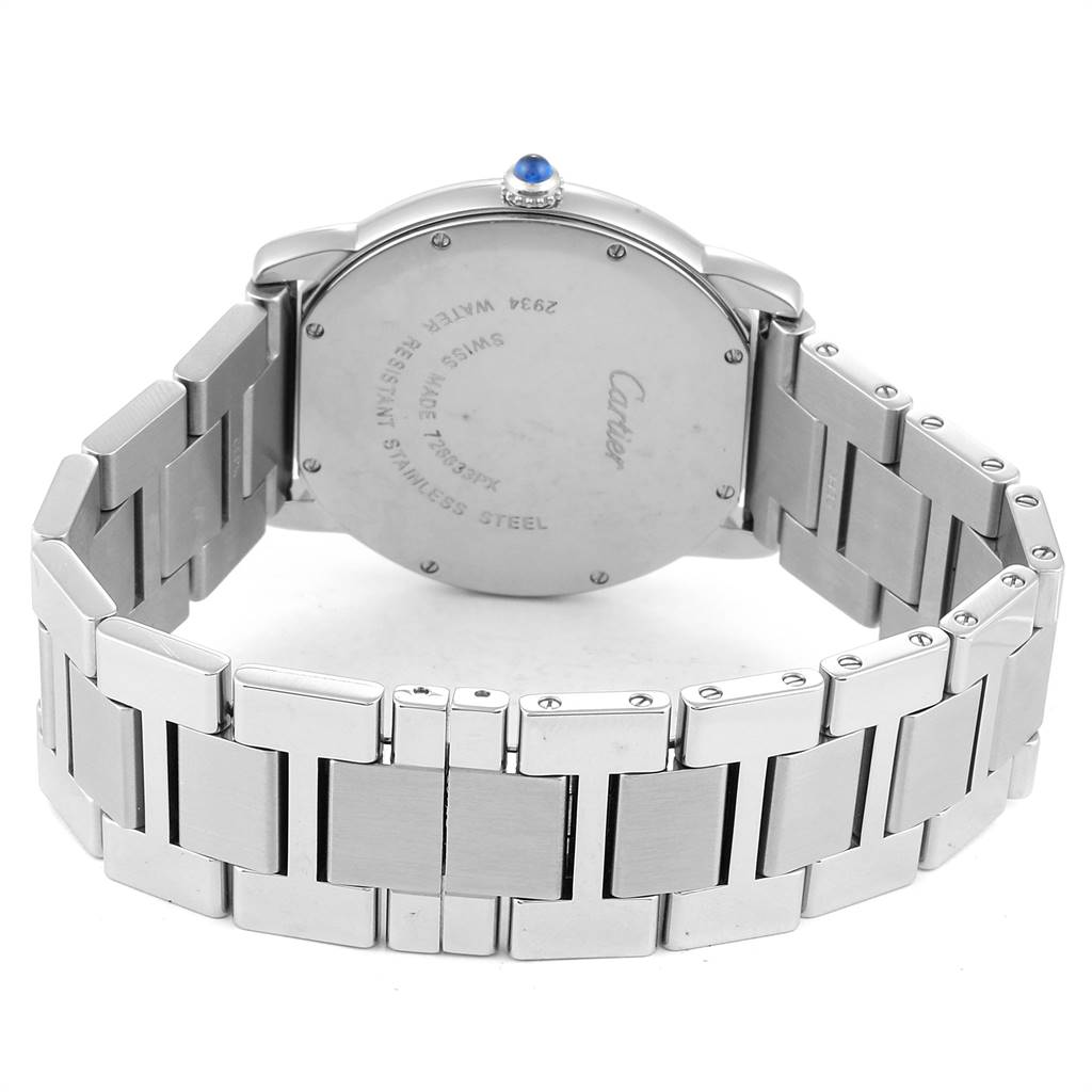This image shows the back view of the Cartier Ronde W6701005 Men's Stainless Steel Silver Dial W6701005 Men's Stainless Steel Silver Dial watch, highlighting the case back and metal bracelet.