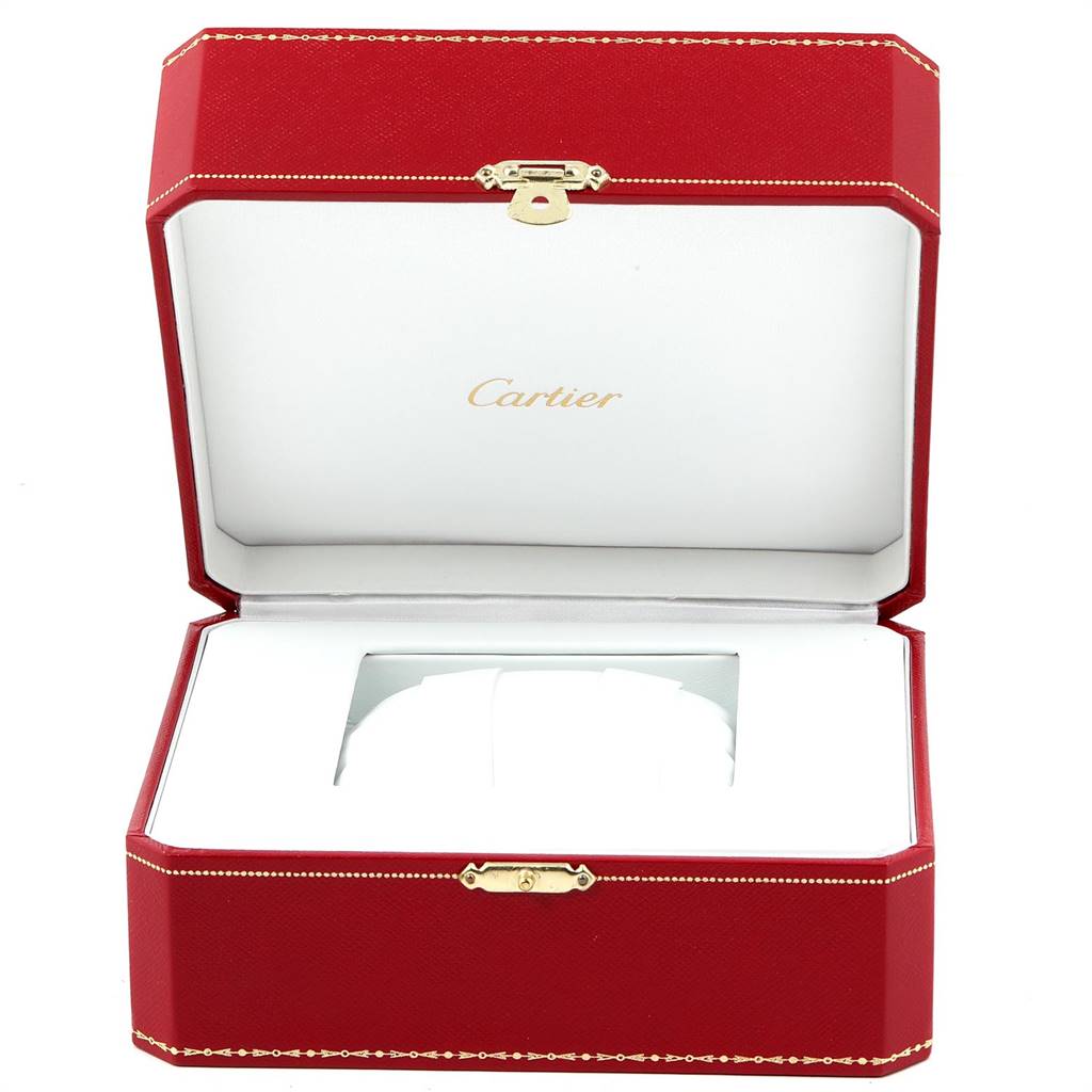 This image shows an open red Cartier box designed to hold a Ronde model watch.