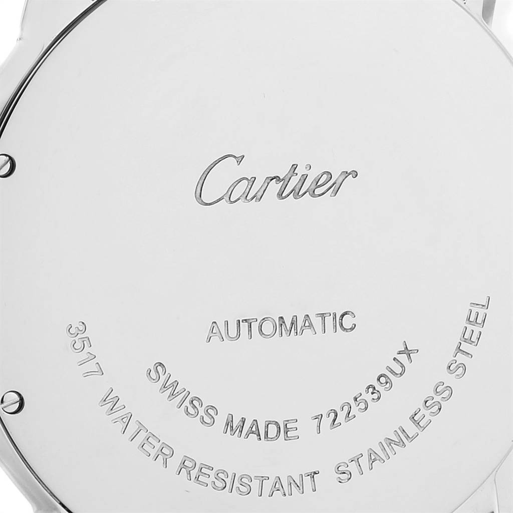This image shows the back case of a Cartier Ronde W6701011 Men's Stainless Steel Silver Dial W6701011 Men's Stainless Steel Silver Dial watch, displaying inscriptions and branding details.