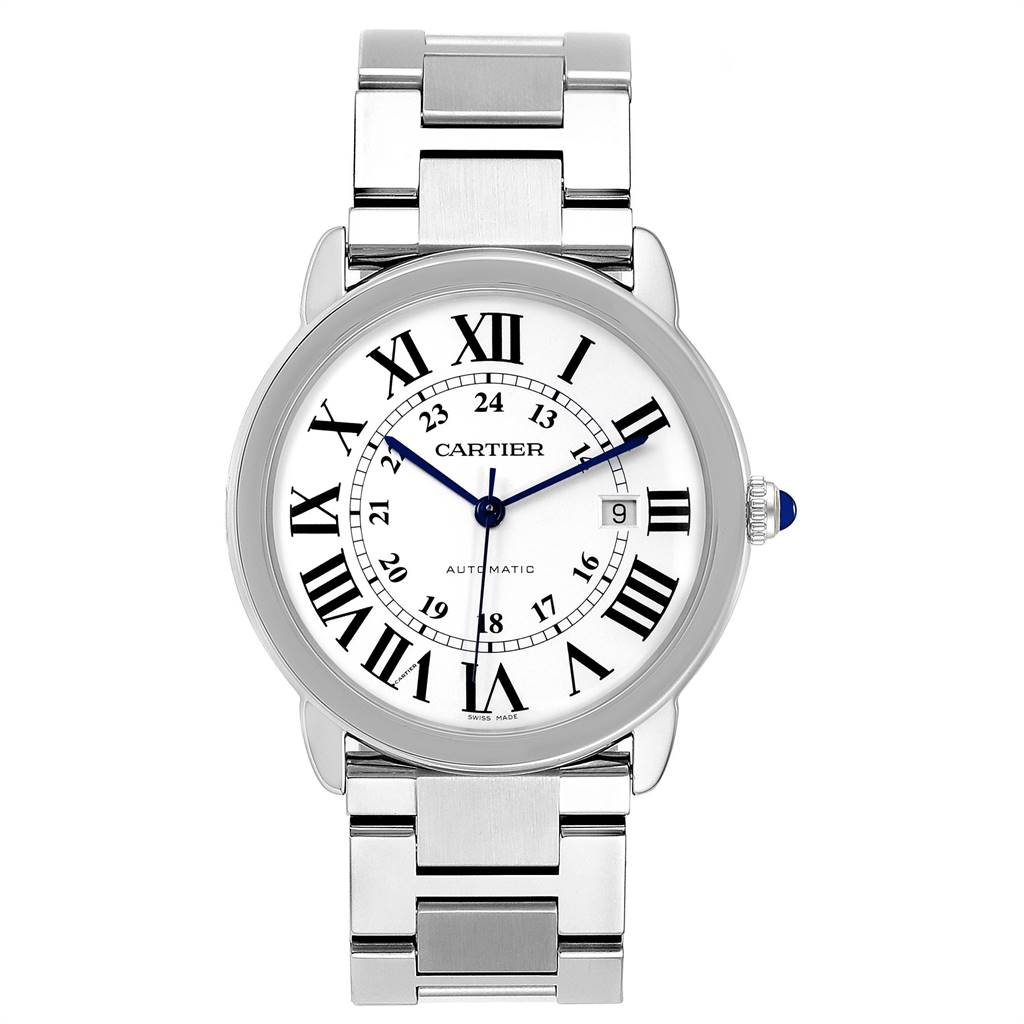 This image displays a front view of the Cartier Ronde W6701011 Men's Stainless Steel Silver Dial W6701011 Men's Stainless Steel Silver Dial model watch, showcasing its face, bezel, and bracelet.