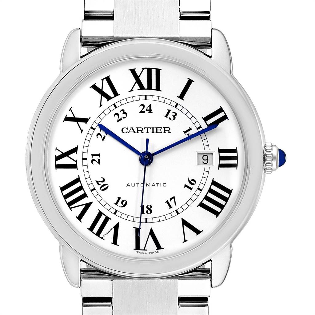 The image shows a front view of a Cartier Ronde W6701011 Men's Stainless Steel Silver Dial W6701011 Men's Stainless Steel Silver Dial watch, displaying its white dial, Roman numerals, blue hands, date window, and metal bracelet.