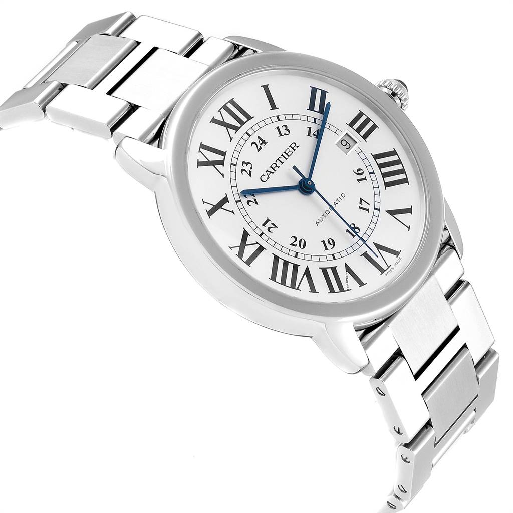 The image shows a Cartier Ronde W6701011 Men's Stainless Steel Silver Dial W6701011 Men's Stainless Steel Silver Dial watch from a front-left angle, highlighting its dial, bracelet, and crown.