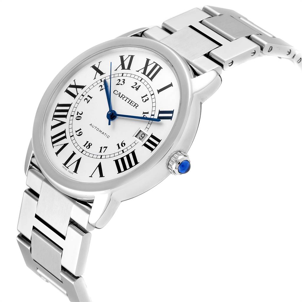 The Cartier Ronde W6701011 Men's Stainless Steel Silver Dial W6701011 Men's Stainless Steel Silver Dial watch is shown at a three-quarter angle, highlighting its face, bezel, crown, and part of its metal strap.