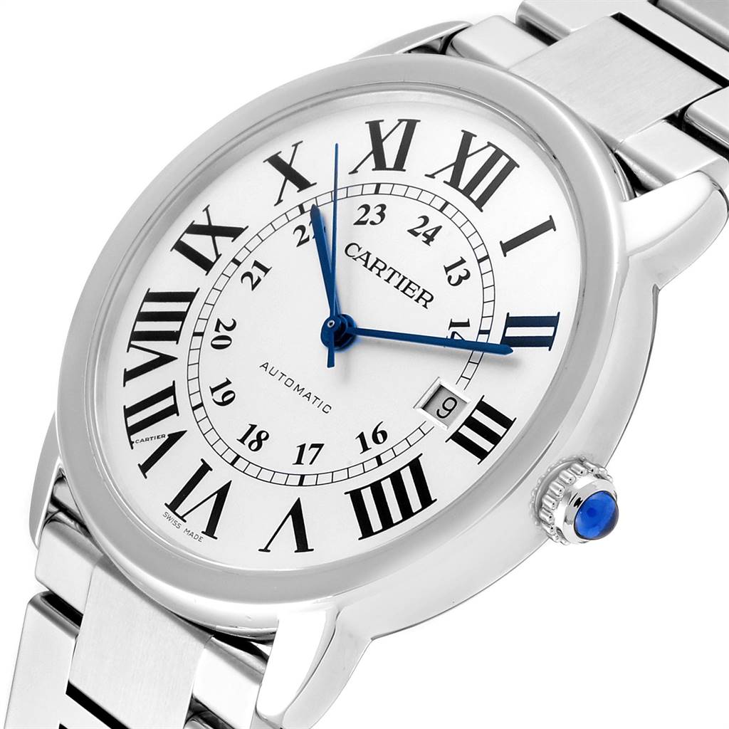 The image shows a close-up of the Cartier Ronde W6701011 Men's Stainless Steel Silver Dial W6701011 Men's Stainless Steel Silver Dial watch face, its bezel, crown, and part of the stainless steel bracelet.
