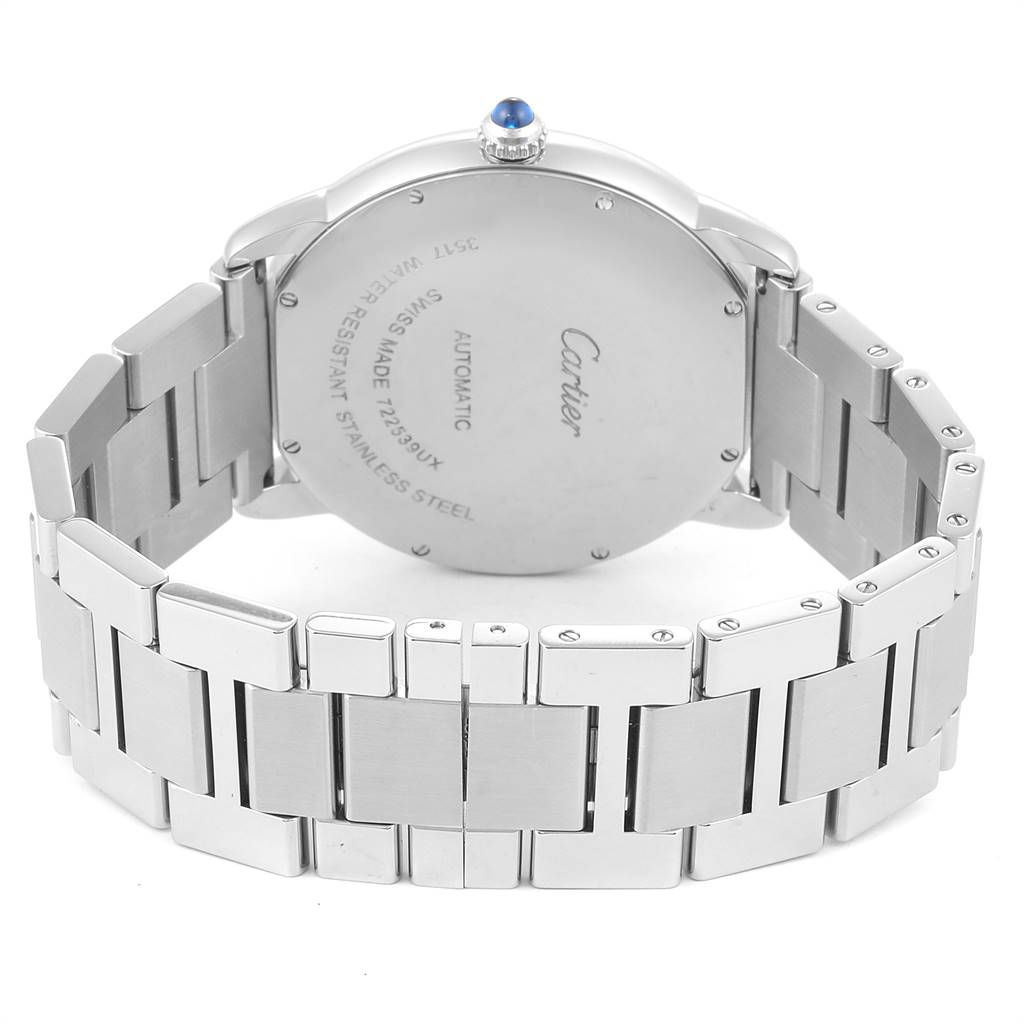 The image shows the back and bracelet of a Cartier Ronde W6701011 Men's Stainless Steel Silver Dial W6701011 Men's Stainless Steel Silver Dial watch, highlighting the case back and stainless steel bracelet.