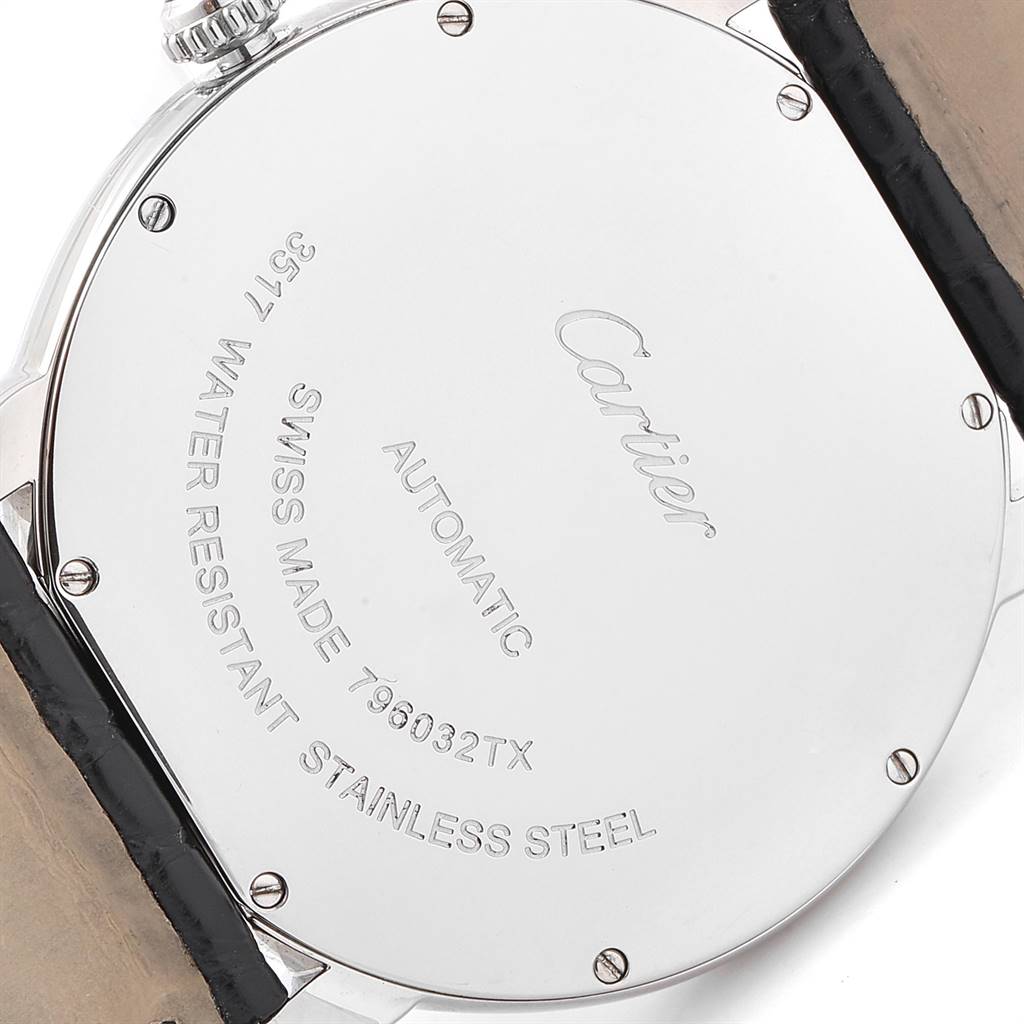 The image shows the back case of a Cartier Ronde W6701010 Men's Stainless Steel Silver Dial W6701010 Men's Stainless Steel Silver Dial watch, angled to reveal the engraved details and part of the strap.