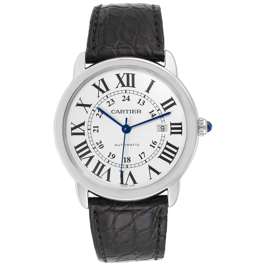 This image shows a front view of the Cartier Ronde W6701010 Men's Stainless Steel Silver Dial W6701010 Men's Stainless Steel Silver Dial watch, featuring its face, Roman numerals, and leather strap.
