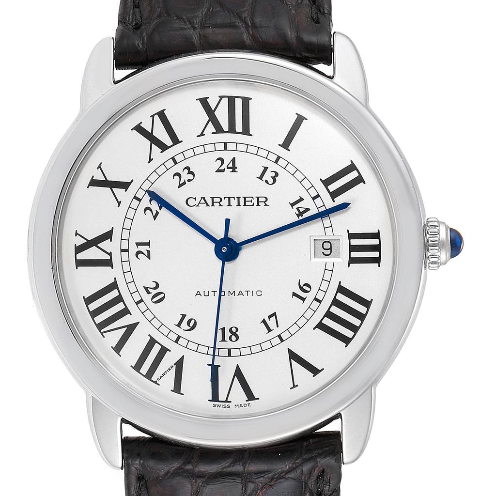 This is a front view of the Cartier Ronde W6701010 Men's Stainless Steel Silver Dial W6701010 Men's Stainless Steel Silver Dial watch, showing its dial with Roman numerals, blue hands, and date window.