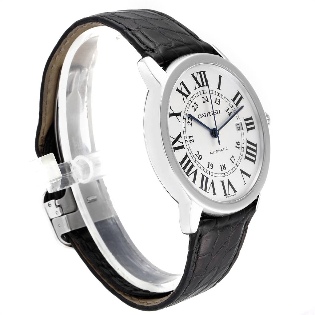 The image shows a side angle of the Ronde model by Cartier, highlighting the white dial with Roman numerals and the black leather strap.