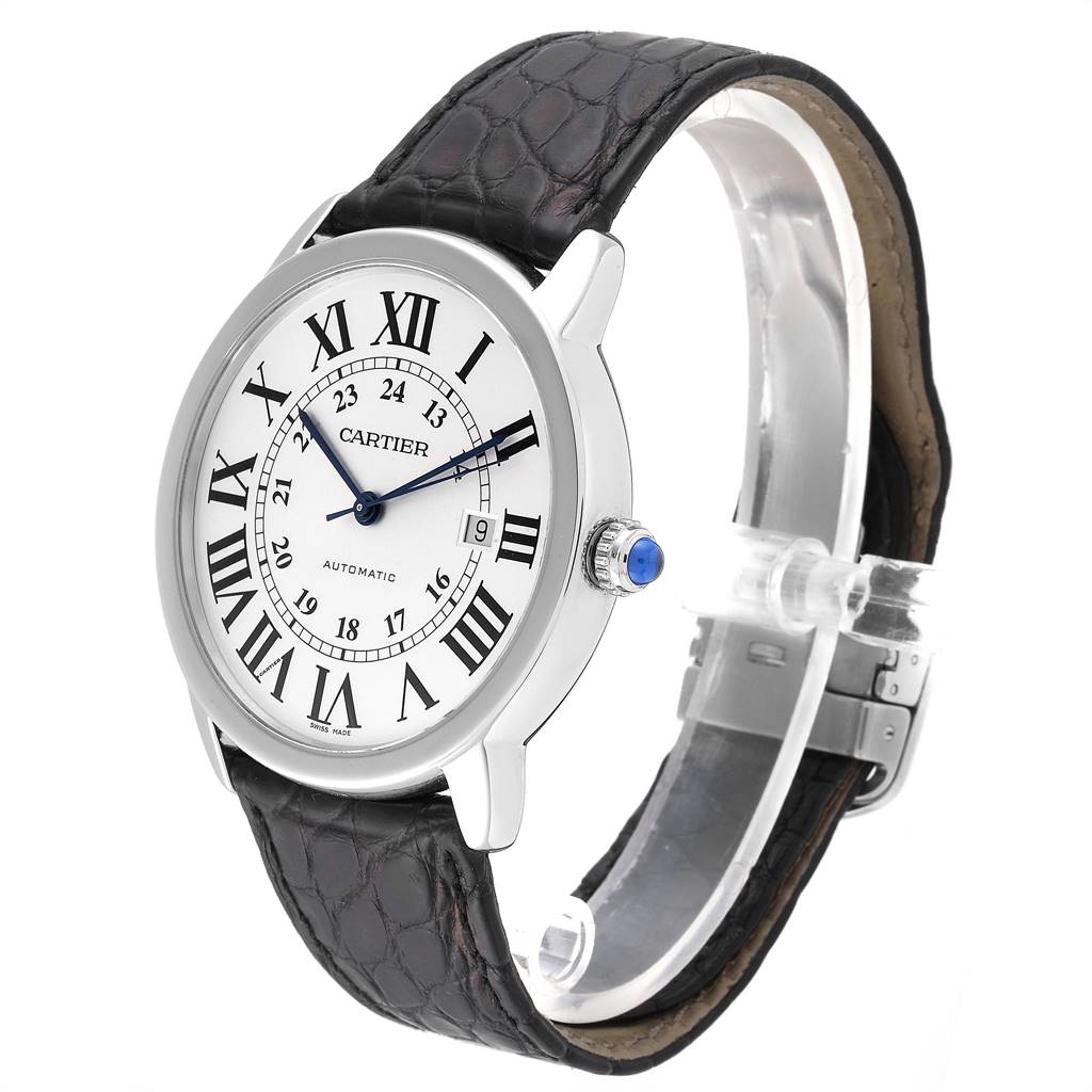 This image shows a Cartier Ronde W6701010 Men's Stainless Steel Silver Dial W6701010 Men's Stainless Steel Silver Dial watch from an angled side view, highlighting the face, strap, and crown.