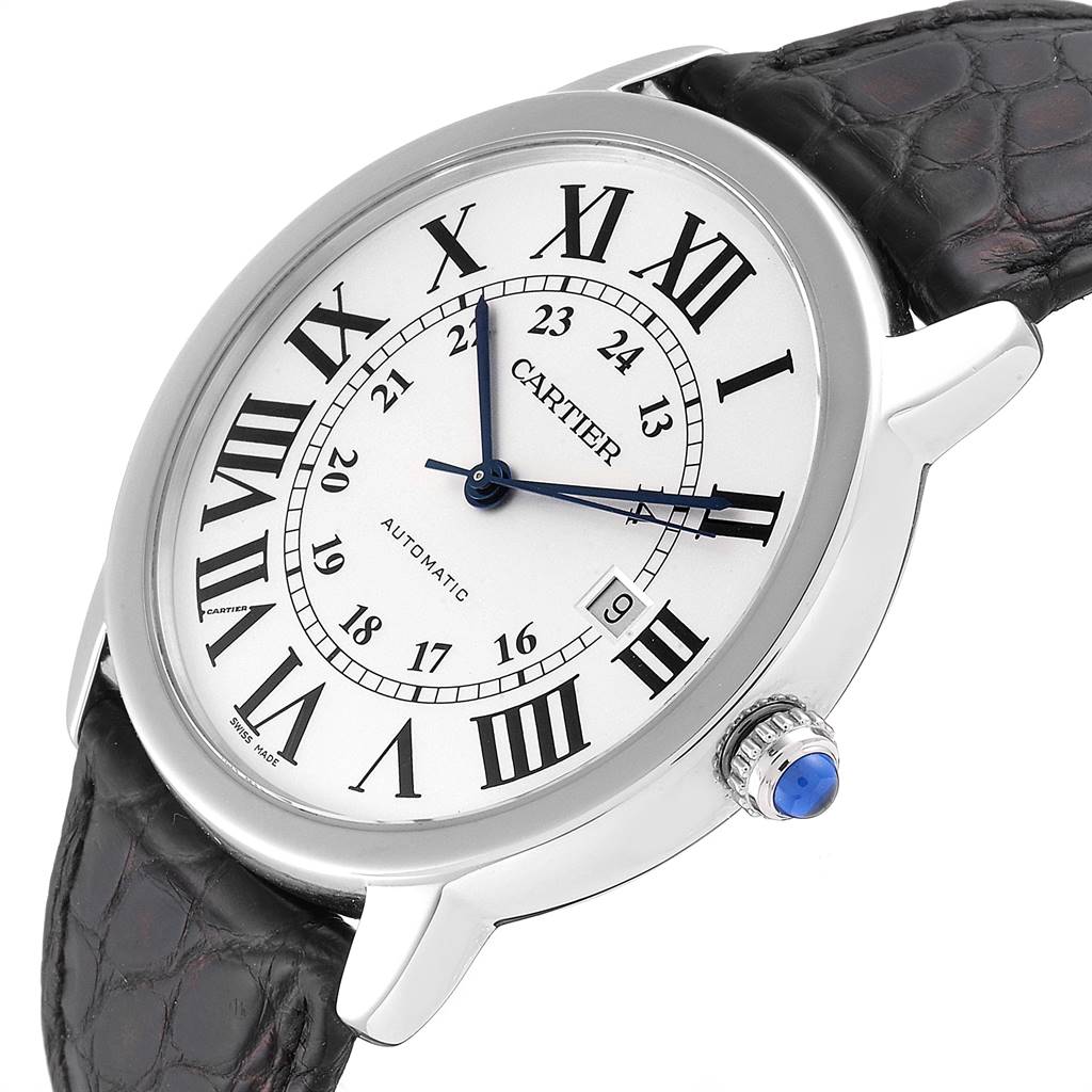 The image shows a close-up of the Cartier Ronde W6701010 Men's Stainless Steel Silver Dial W6701010 Men's Stainless Steel Silver Dial watch displaying its face, crown, and leather strap from an angled perspective.