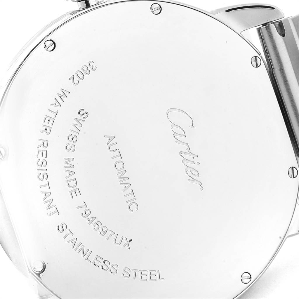 This image shows the back casing of a Cartier Ronde W6701011 Men
s Stainless Steel Silver Dial W6701011 Men
s Stainless Steel Silver Dial watch, highlighting the engraved details and screws.