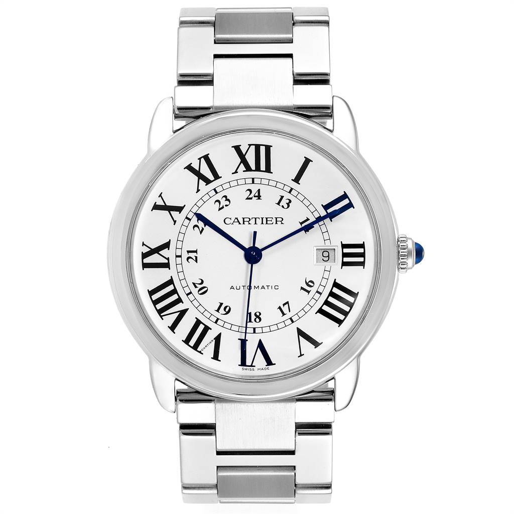 The image shows a front view of the Cartier Ronde W6701011 Men
s Stainless Steel Silver Dial W6701011 Men
s Stainless Steel Silver Dial model watch, highlighting its dial, bracelet, and crown.