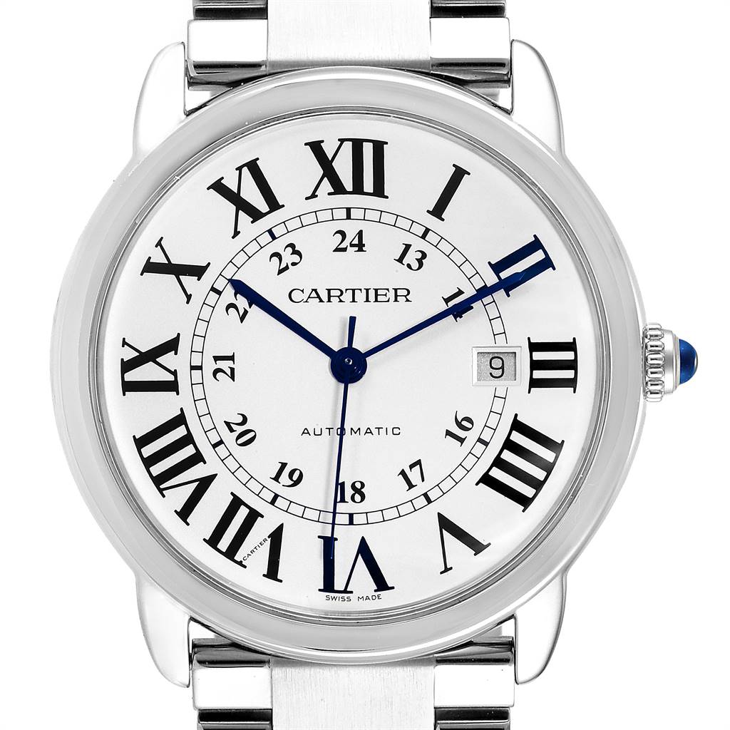 This image shows a front view of the Cartier Ronde W6701011 Men
s Stainless Steel Silver Dial W6701011 Men
s Stainless Steel Silver Dial model watch, displaying its face, dial, hands, and part of the bracelet.