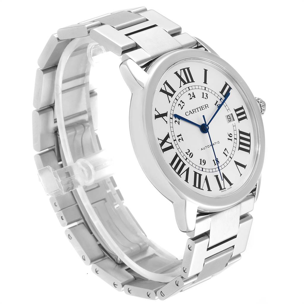 This image shows the front and side view of a Cartier Ronde W6701011 Men
s Stainless Steel Silver Dial W6701011 Men
s Stainless Steel Silver Dial model, featuring its round face and metal bracelet.