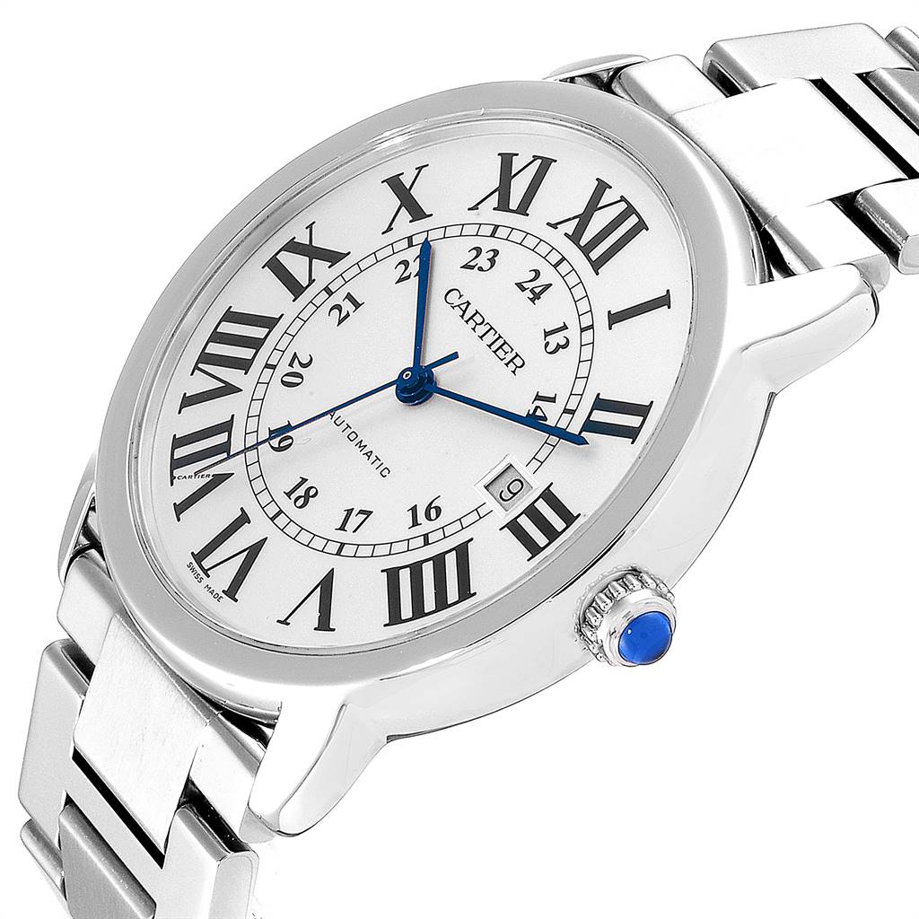 The image shows a close-up angle of the Cartier Ronde W6701011 Men
s Stainless Steel Silver Dial W6701011 Men
s Stainless Steel Silver Dial model watch, highlighting the dial, crown, and part of the bracelet.