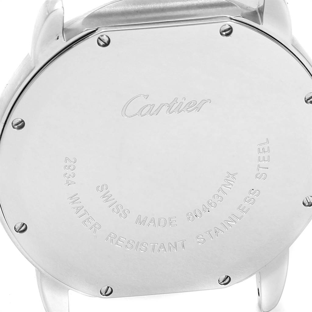 This image shows the back case of the Ronde model watch by Cartier, highlighting "Cartier" engraving and water resistance specs.
