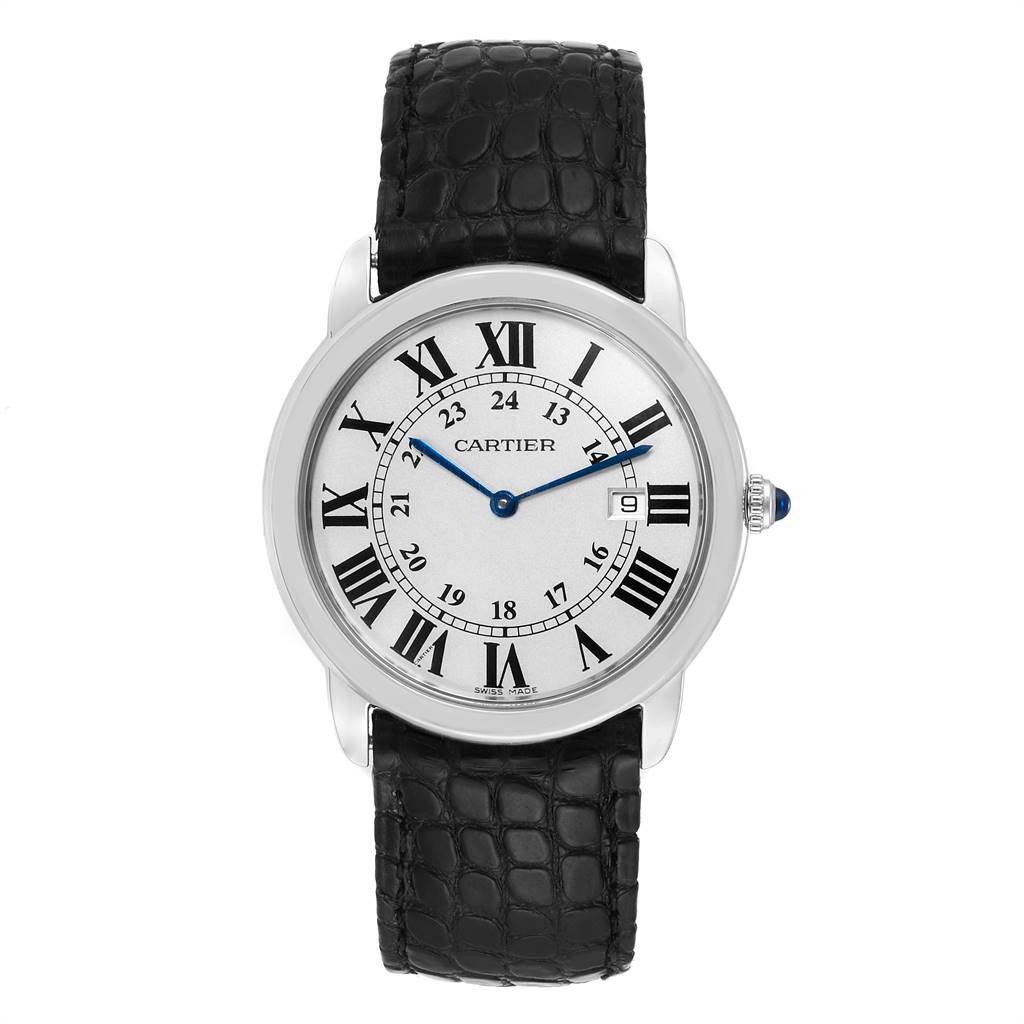 The Cartier Ronde W6700255 Stainless Steel Silver Dial W6700255 Stainless Steel Silver Dial watch is shown from a front view, displaying its dial, face, Roman numerals, hands, and black leather strap.