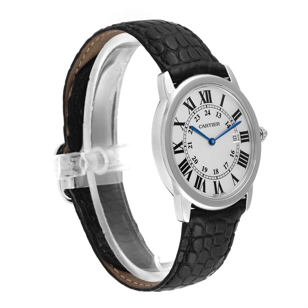 This image shows a Cartier Ronde W6700255 Stainless Steel Silver Dial W6700255 Stainless Steel Silver Dial watch at a side angle, highlighting the face, bezel, crown, and leather strap.