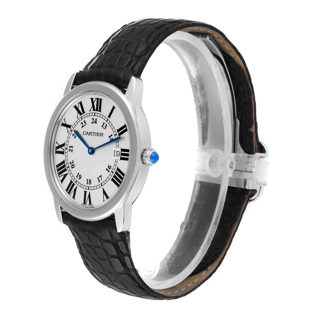 The image shows the Cartier Ronde W6700255 Stainless Steel Silver Dial W6700255 Stainless Steel Silver Dial watch at a slight angle, displaying its face, crown with blue cabochon, and black leather strap.